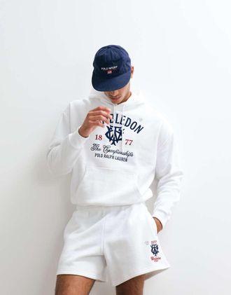 Polo Ralph Lauren Wimbledon Capsule - Felpa con cappuccio bianca con logo e stemma in coordinato-Blu navy
