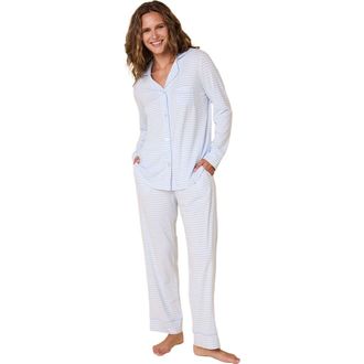 The Cats Pajamas Pima Knit Pajama Floral Set in Essential Stripe Heavenly Blue at Nordstrom, Size X-Large