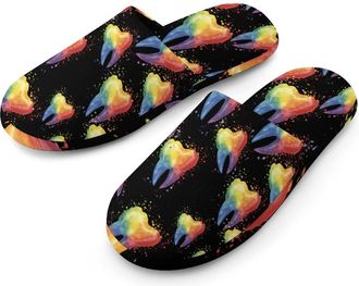 Generic Colorful Tooth Flannel Mens Slip-on Slippers Winter Warm House Shoes with Rubber Sole for Home Hotel
