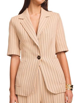 Mint Velvet Pin Stripe Short Sleeve Blazer in Camel at Nordstrom, Size 14