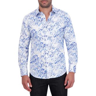 Robert Graham Abstract Frond Print Stretch Cotton Button-Down Shirt in Blue at Nordstrom Rack, Size Medium