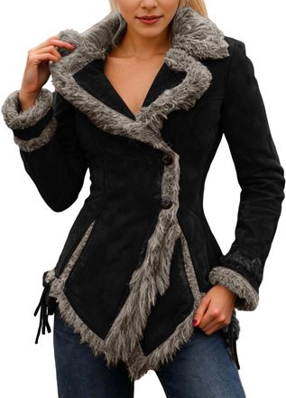 Generic Womens Vintage Faux Suede Winter Coat with Faux Fur Collar, Long Jacket in Black/Brown Bohemian Plus Size Long Coat