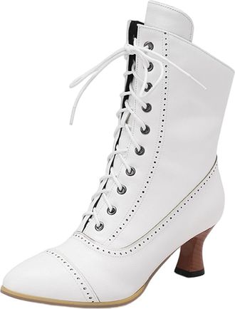 Generic Victorian Style Boots Womens Goth Boots Vintage 70s Lace up Mid Calf Halloween Almond Toe Comfortable Chunky Block Heels Renaissance Ankle Boot Outdoo