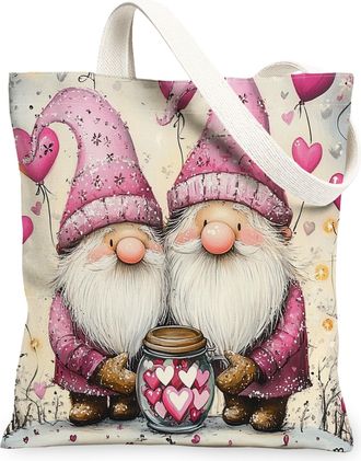 Generic Farmhouse Valentines Day Gnome Canvas Tote Bag for Shopping 13x15, Winter Romantic Love Reusable Grocery Print Pattern Bag for Women, Couple Lover Bea