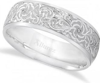 Allurez Hand-Engraved Flower Wedding Ring Wide Band 14k White Gold (7mm)