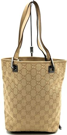 Gucci Gg Canvas Beige Gg Canvas Leather Handbag Tote Bag (Pre-Owned)