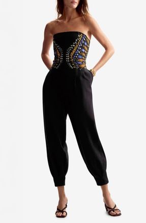 Desigual Mixed Media Strapless Jumpsuit in Black at Nordstrom, Size X-Large