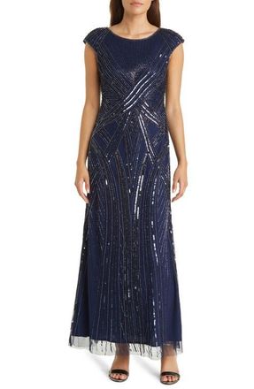 Pisarro Nights Embellished Cap Sleeve Gown in Navy at Nordstrom, Size 8