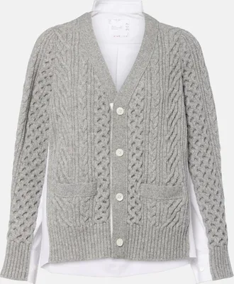 sacai Cardigan in lana e popeline a trecce