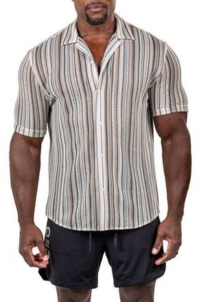 Maceoo Marthy Knit Short Sleeve Button-Up Shirt in Brown at Nordstrom, Size 6