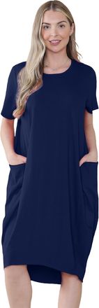 Janisramone Womens Short Sleeve Italian Lagenlook Midi Dress with Pockets, Plain Round Neck Baggy Lagenlook Tops, Trendy Loose Summer Dresses for Women UK Navy