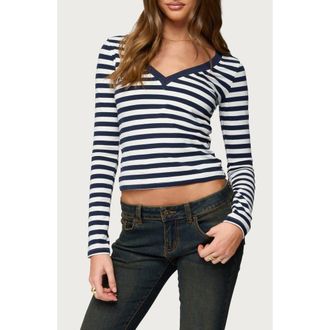 Edikted Solly Stripe Long Sleeve Shirt in Navy-And-White at Nordstrom, Size X-Small