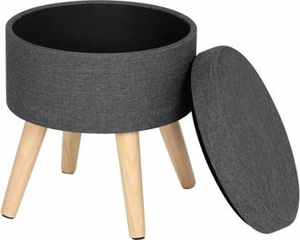 Woltu Taburete Redondo Puff Caja De Almacenamiento Taburete De Almacenamiento Asiento Para Dormitorio Tapa Extra&iacute;ble Asiento De Lino Con Patas Madera Maciza