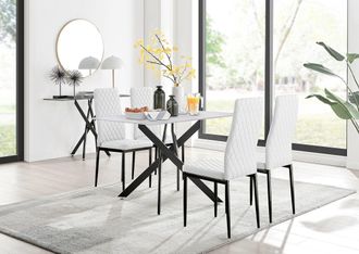 Furniturebox Leonardo Grey Glass Marble Effect Black Leg Table & 4 Milan Black Leg Chairs in White