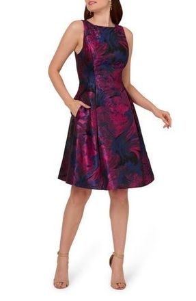 Adrianna Papell Floral Jacquard Back Cutout Cocktail Dress in Navy/Orchid at Nordstrom Rack, Size 6