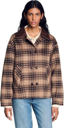 Sandro Check coat with leather collar in Brown at Nordstrom, Size 40