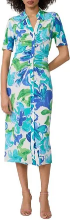 Diane Von F&uuml;rstenberg Zoey Floral Short Sleeve Ruched Midi Shirtdress in Cote Ibiza Blue at Nordstrom, Size X-Small