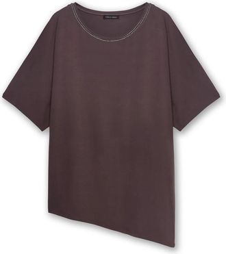Fiorella Rubino Viscose T-shirt met Strass Halslijn - Dames - T-shirts - Bruin - M/L - Tops