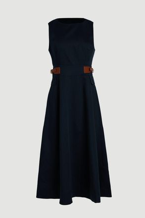 Karen Millen Womens Tailored Linen Tab Waist Detail Full Skirt Midi Dress - Navy Lyocell - Size 16 UK