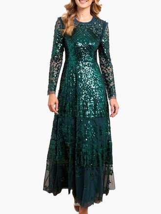 Needle & Thread Aurora Long Sleeve Round Neck Gown in Emerald at Nordstrom, Size 14