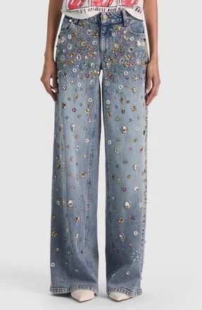 Alice & Olivia Amazing Crystal Embellished Low Rise Baggy Jeans in Fiona Vintage Blue at Nordstrom, Size 27