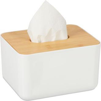 Relaxdays Relaxdays - Set Dos Cajas Para Pa&ntilde;uelos Y Toallitas Papel, Tapa De Bamb&uacute;, Ba&ntilde;o, Moderno, Pl&aacute;stico, 10 X 17 X 13 Cm, Blanco & Marr&oacute;n