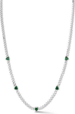 Sphera Milano Cubic Zirconia Heart Station Curb Chain Necklace in Silver/green at Nordstrom Rack