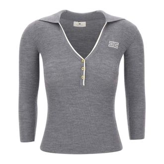 Elisabetta Franchi Ribbed Wool Polo - female - Elisabetta Franchi - Polo Shirts - Gray - XS - Tops