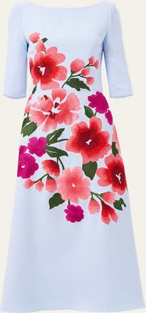 Carolina Herrera Floral Embroidered 3/4-Sleeve Midi Dress