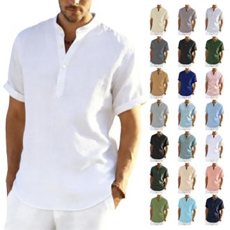 Generic Mens Linen Shirts Short Sleeve Summer Beach Hawaiian Shirts with Pockets Grandad Collar Collarless Henley Tshirts Men UK Button V Neck Cotton Linen To