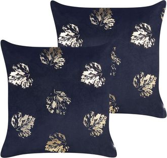 Beliani Conjunto De 2 Cojines De Terciopelo Negro Dorado 45 X 45 Cm Hojas Goldenrod