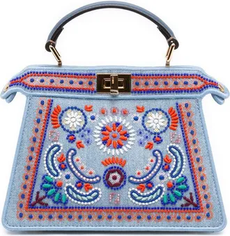 Fendi Pre-owned Fendi Petite Embroidered Denim Peekaboo ISeeU Satchel Ladies CN944CIXZE0KABPJ