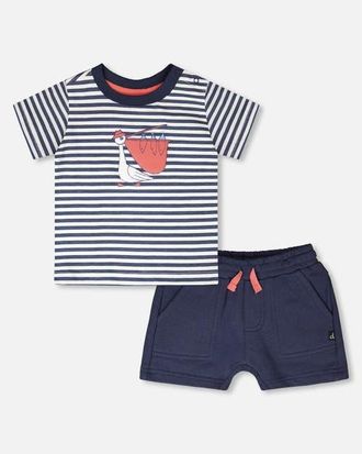 Deux par Deux Organic Cotton Stripes T-Shirt and Short Set in Blue Stripes And Blue at Nordstrom, Size 24M