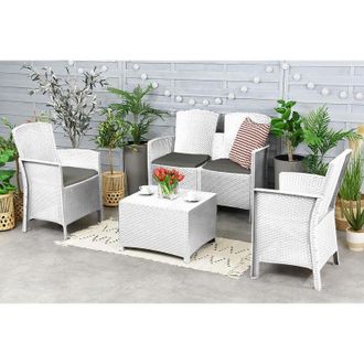 Dmora Conjunto De Sal&oacute;n Exterior T, Conjunto De Jard&iacute;n Con Cojines, Conjunto De Sal&oacute;n Interior Efecto Rat&aacute;n, 100% Made In Italy, Blanco - Dmora