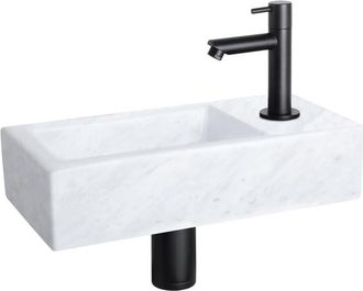Differnz Helios fonteinset - 37.5x18.5x9.5cm - Rechthoek - 1 kraangat - Recht matte zwarte kraan - Mineraalsteen Marmer