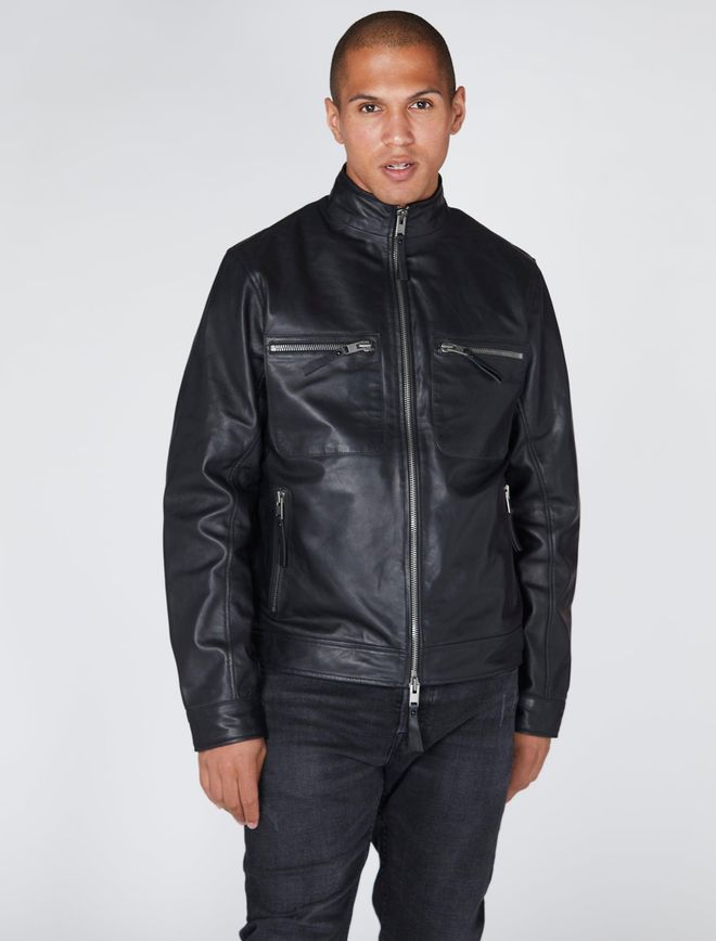 Mens Real Leather Funnel Worker Jacket - Black - Size Medium