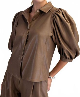 Glam The Clara Puff Sleeve Button Down Top In Taupe
