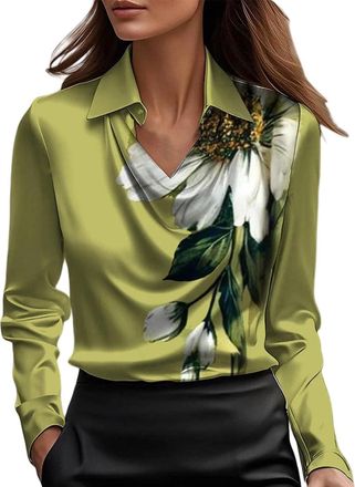 Generic Blusa De Seda para Mujer Elegante Womens Elegant Cowl Neck Satin Blouse Long Sleeve Office Work Shirt Collar Blouses V-Neck Casual Silk Tops Silk Sati