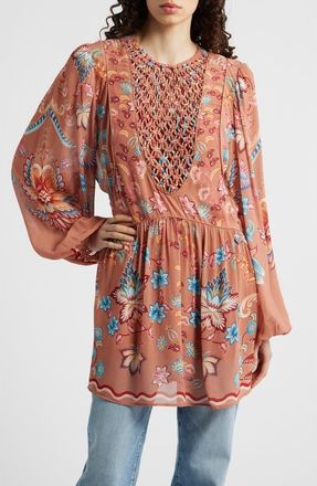 Farm Rio Boho Enchance Long Sleeve Floral Minidress in Boho Enchance Mocha at Nordstrom, Size Xx-Small