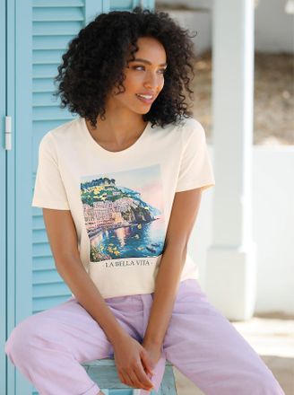 Heine T-Shirt HEINE T-Shirt, Damen, Gr. 34, champagner, 95% Baumwolle, 5% Elasthan, bedruckt, gemustert, mehrfarbig, Rundhals, Shirts T-Shirt