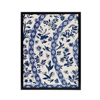 Artery8 Owen Jones Elegant Blue Flower Bird China Pattern Framed Canvas Art | Size: W24 x H32