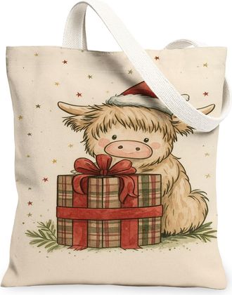 Generic Christmas Animal Canvas Tote Bags, Cute Cow Design Reusable Bags, Vintage Lightweight Washable Shoulder Strap for Holiday T, Cream, 13x15 Inch