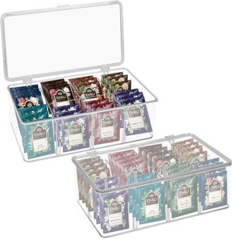 Gabrielle Caja De T&eacute; Transparente De 2 Piezas Con Tapa, 8 Compartimentos, Apilable, De Pl&aacute;stico, Para Bolsitas De T&eacute; Y Caf&eacute;
