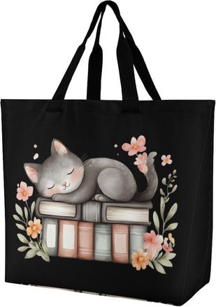 Generic Sleeping Cats on Books Reusable Shopping Bags Large Capacity Grocery Bag Heavy Duty Tote for Women 40x40x16cm