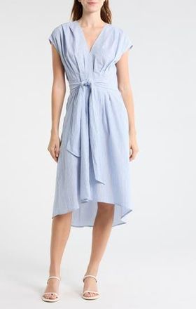 Max Studio Stripe Tie Front Cotton Blend Dress in Blue Stripe at Nordstrom Rack, Size X-Small