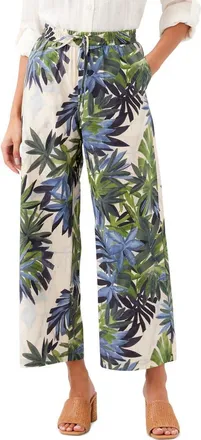 Karen Kane Floral Print Stretch Cotton Drawstring Wide Leg Pants in Blue/green Print at Nordstrom, Size Small