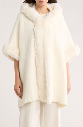 La Fiorentina Faux Fur Trim Cape in White at Nordstrom Rack