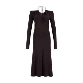 Ferragamo Midi Dresses, female, Brown, XS, Elegant Espresso Crepe Dress with Golden Beads