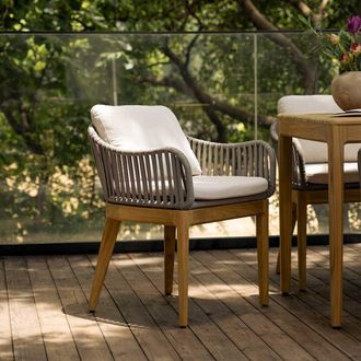 Castlery Isla Outdoor Dining Chair Set of 6 with Ivory Cover, Solid Teak, Handwoven Rope Design for Outdoor Use, Weather-Resistant