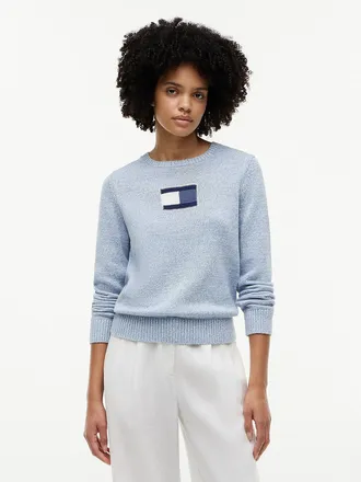 Tommy Hilfiger Womens Intarsia Flag Logo Crewneck Sweater - Ecru - XXS